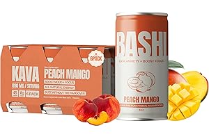 Bashi - Kava Drink Experience - Natural Relaxation & Stress Relief - Plant-Based Kava Extract - Non-Alcoholic, Caffeine Free - Peach Mango 8oz - 6 Pack