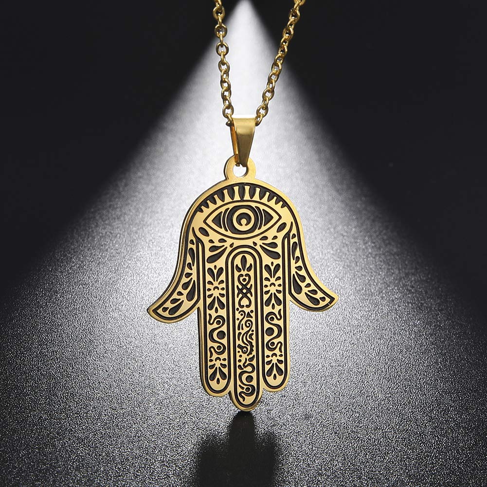 LUSSO Hamsa Hand Evil Eye Necklace - Stainless Steel Protection Pendant For Women & Men, Good Luck Jewelry