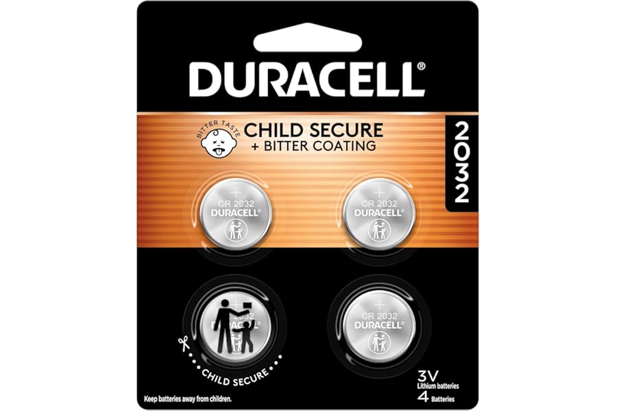 Duracell 2032 Lithium Battery, 4 Count (Pack of 1), Child Safety Features, Compatible with Key Fob, Tea Light Candles and Other Devices, CR2032 Battery