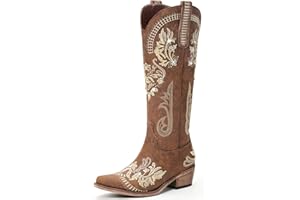 Lumeheel Cowboy Boots for Women - Knee High Western Cowgirl Boots, Sparkly Rhinestone Retro Country Boots with Classic Embroidered, Pointed Toe Chunky Heel Pull on Zipper Fashion Vintage Tall Boots