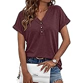 AUTOMET Short Sleeve V Neck T Shirts Womens Summer Business Casual Dressy Tops 2026 Henley Loose Fit Basic Spring Outfit