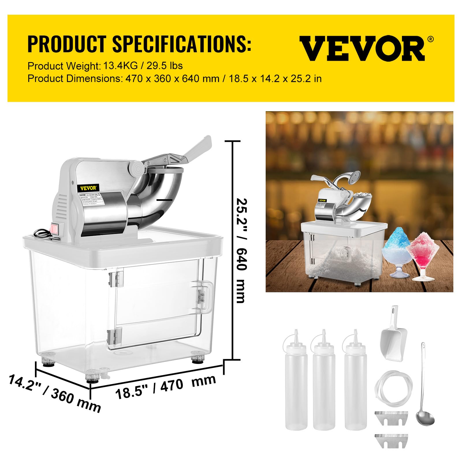 VEVOR 110V Commercial Ice Crusher 661LBS/H, ETL Approved 300W Electric Snow Cone Machine with Dual Blades, Stainless Steel Shaved Ice Machine with Safety On/Off Switch for Family, Restaurants, Bars