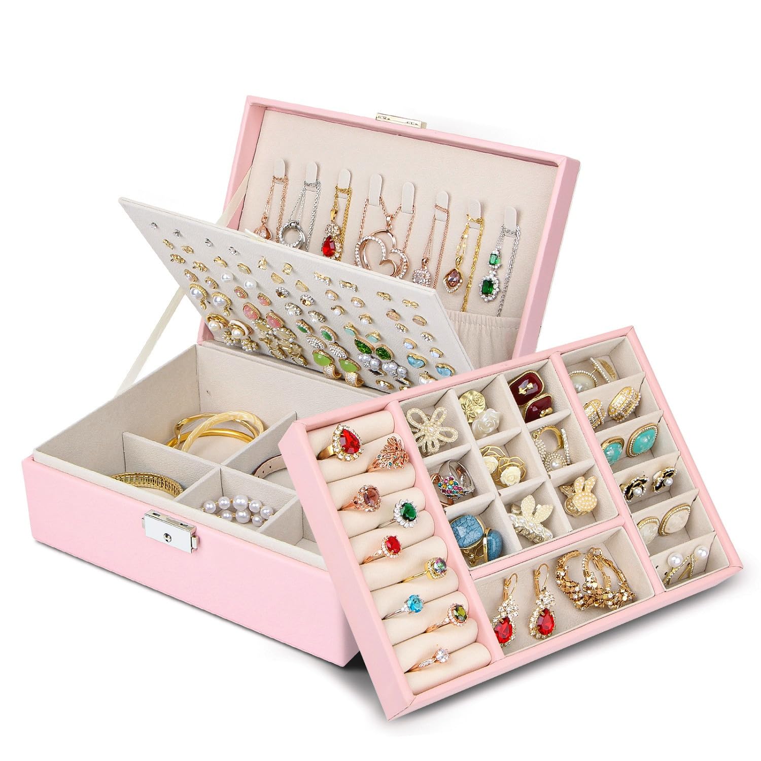 Chelory Jewellery Box Large Jewellery Organiser for Women Girls, 3 Layer Jewellery Case for Necklace Earrings Rings Bracelets Ladies, Travel Jewelry Storage with Stackable Layer for Loved Ones, Pink