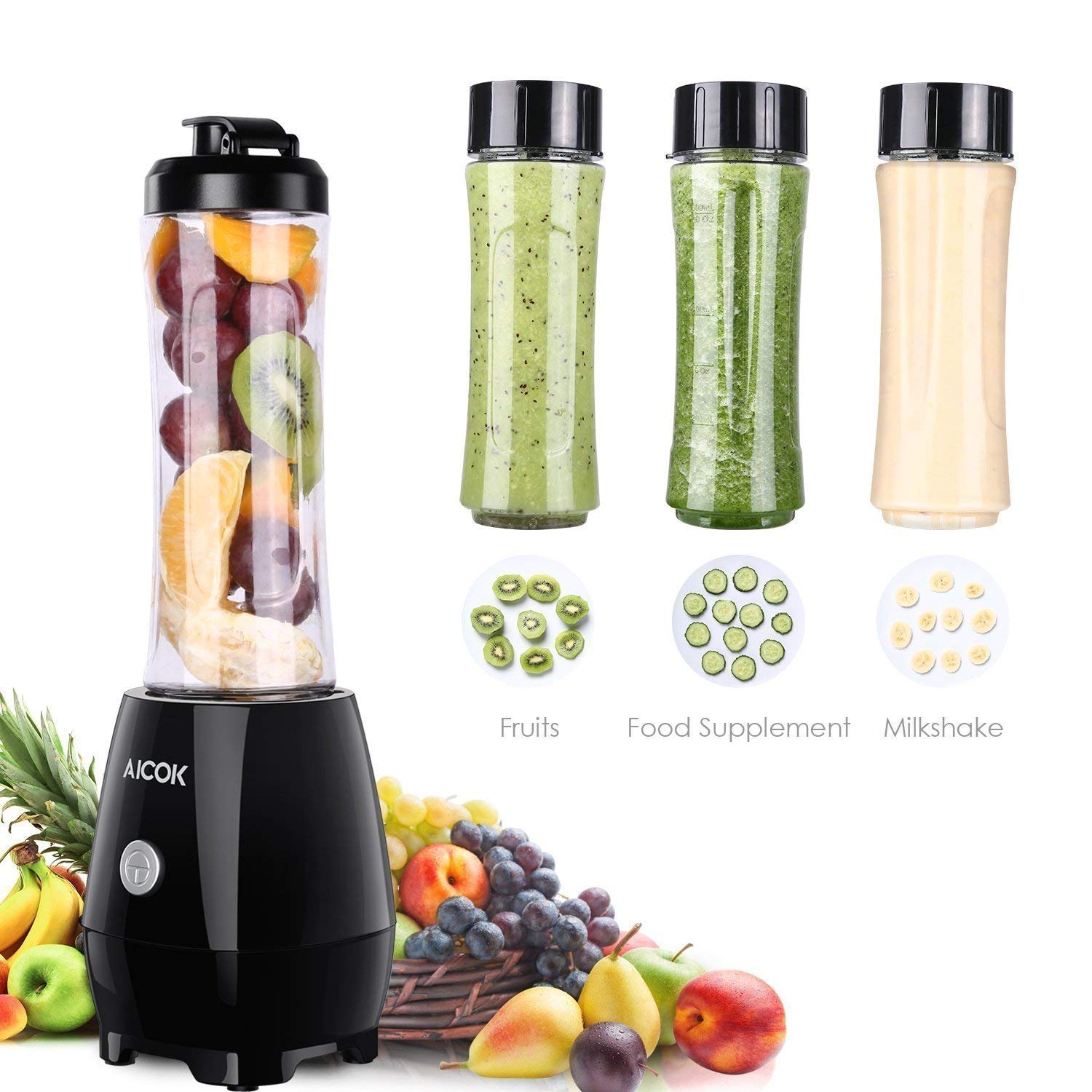 Aicok Mini Blender, Smoothies Mixeur, Bouteille de Tritan 600mL Sans BPA, Moteur Puissant et 4 Lames en acier inoxydable, pour Milk-shake, Smoothies et Jus de Fruits et Legumes, 300W, Noir