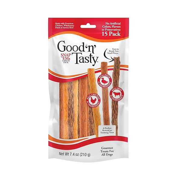 GOOD ‘N’ TASTY TRIPLE FLAVOR SNAP ‘EMS GOURMET TREATS VARIETY PACK FOR ALL DOGS, 15 COUNT, REWARD OR TRAINING TREAT MADE WITH REAL CHICKEN, DUCK AND BEEF