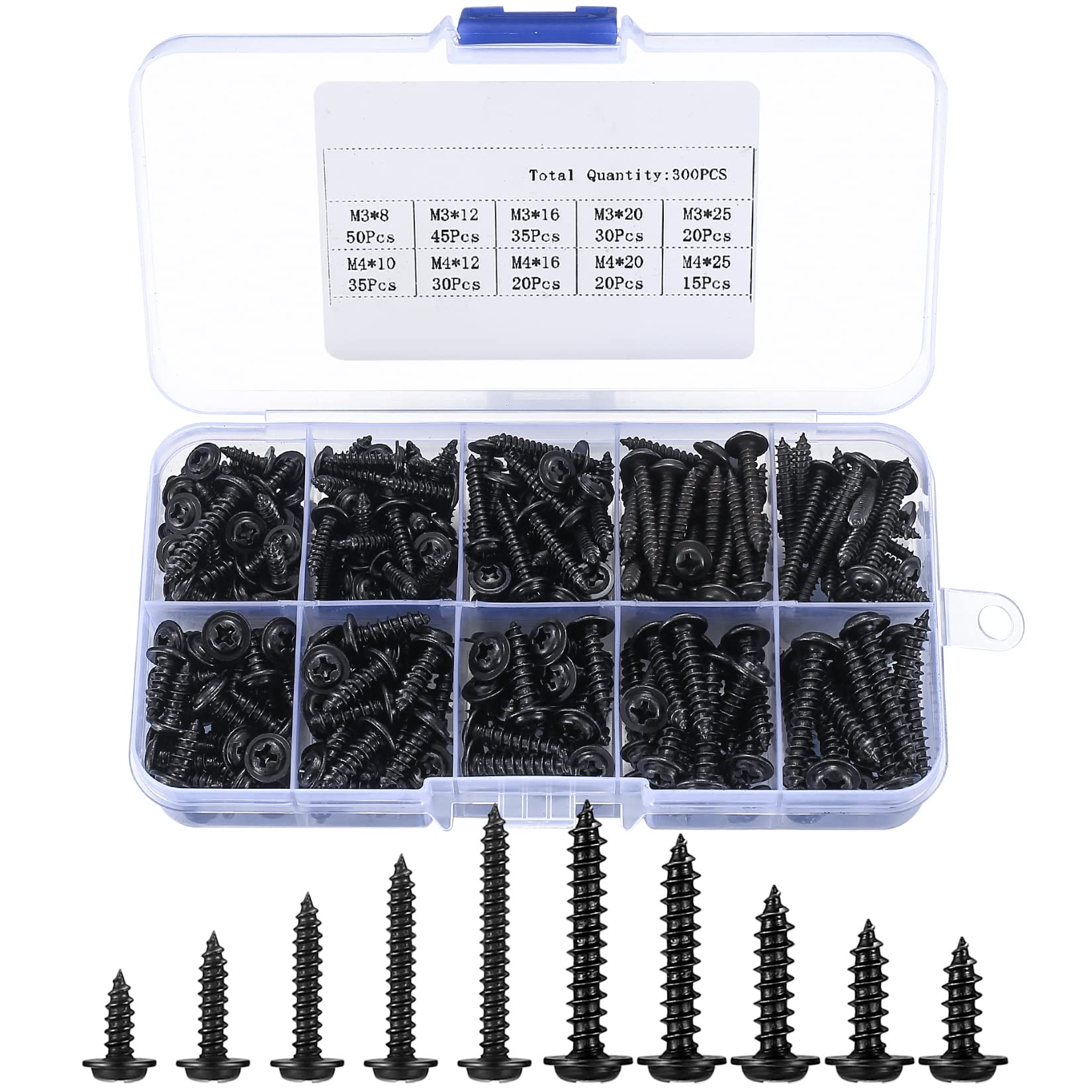XxinXrong Cross head self-tapping screw with washer | 300 pieces M3/ M4, disc head self-drilling wood screw classification kit, black round countersunk mechanicalfastener,black