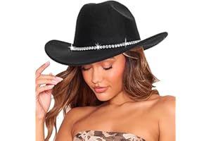 UTOWO Women Western-Cowboy-Hat Big-Rhinestone-Chain-Decor Felt-Cowgirl-Hat Shiny-Bling Outback-Rodeo-Hat M/L