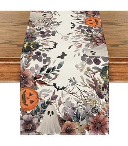 Halloween Table Runner - 13x72 Inch Spooky Haunted House Design, Polyester Kitchen Dining Decor
