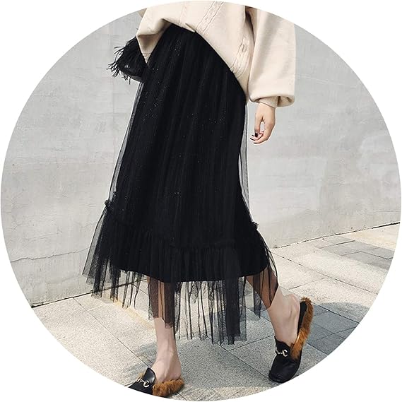 Amazon ベルベットプリーツスカート レディース 秋 冬 スーパーファイアーロングハイウエスト スリミングメッシュスカート ブラック ワンサイズ スカート 通販