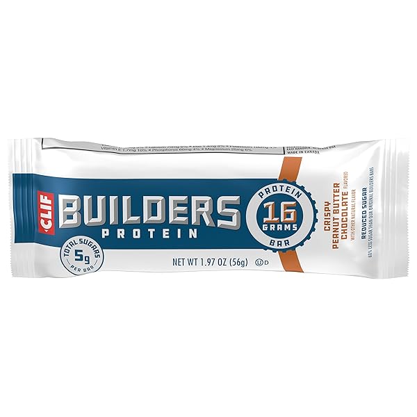 CLIF BUILDERS PROTEIN BARS – CRISPY PEANUT BUTTER CHOCOLATE FLAVORED – REDUCED SUGAR – GLUTEN FREE – 16G PROTEIN – NO ARTIFICIAL SWEETENERS – 1.97 OZ. (6 PACK)