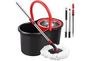 ROIXEEDS Spin Mop and Bucket, Mop and Bucket with Wringer Set for Home, 360 Spinning Mop Bucket Floor Cleaning Tool with 1 Microfiber Mop Replacement Head,50" Stainless Steel Handle (Black-Includes 1 mop)