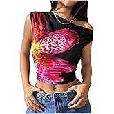 WDIRARA Women's Floral Print One Shoulder Tops Asymmetrical Ruched Tee Shirt Crop Tops