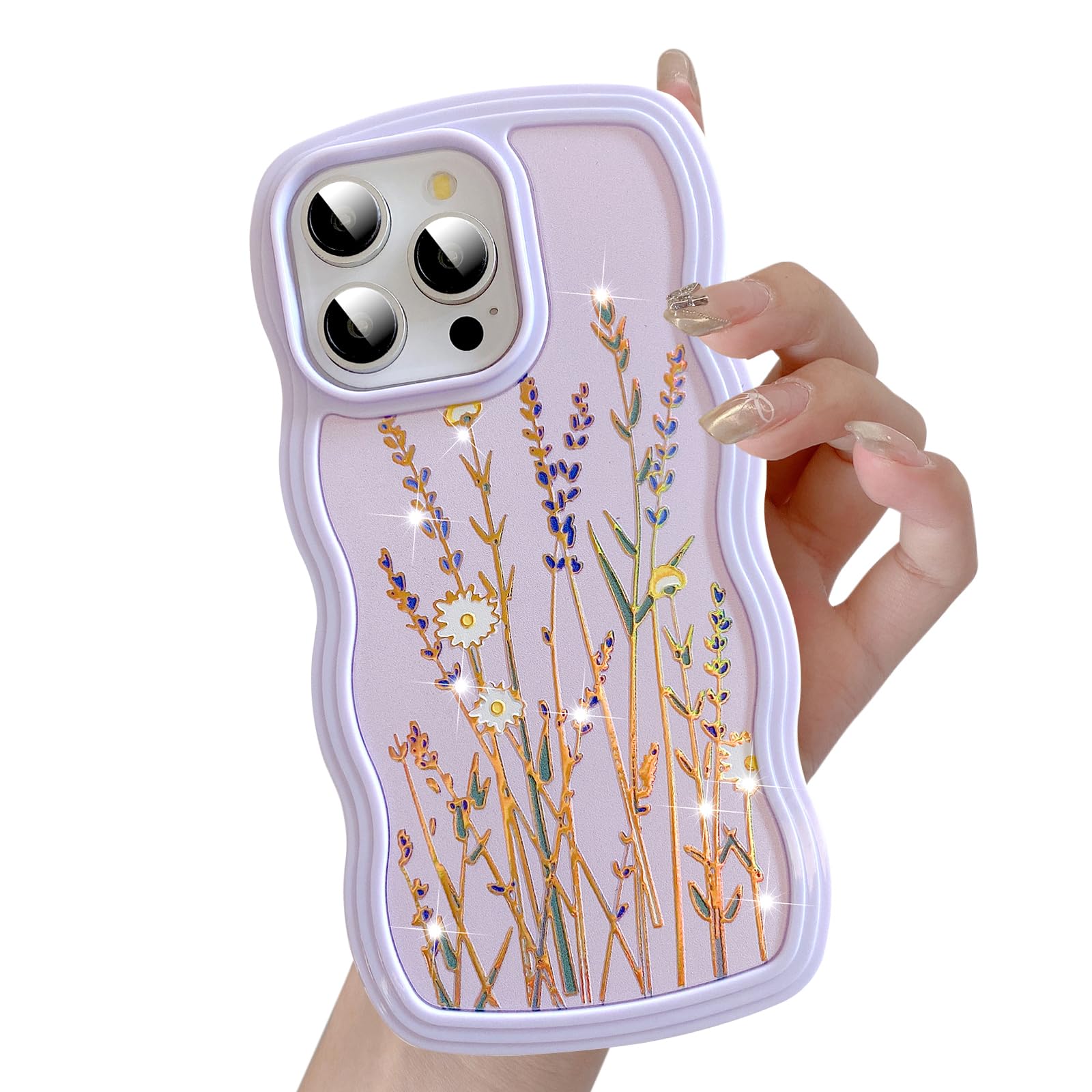 UEEBAI for iPhone 14 Pro Max Case, Floral Wave Frame Cute Curly Anti-slip Flower Case with Aesthetic Pattern, TPU Slim Bumper Shockproof Protective Cover for Women Girls - Lilac