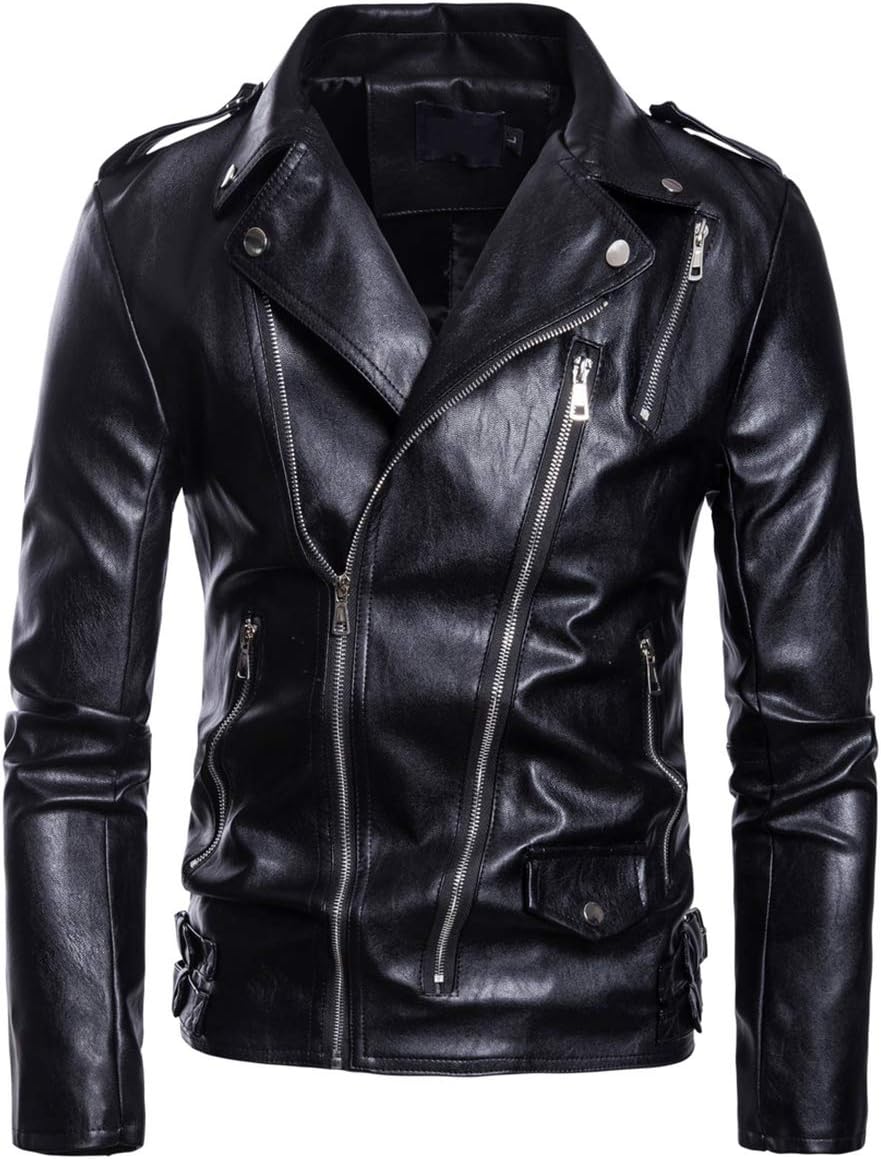 AOWOFS Men's Faux Leather Jacket Motorcycle Lapel Bomber Punk Irregular Zipper Jacket Black