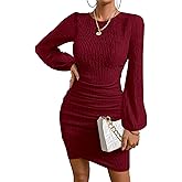 MITILLY Women's Formal Wedding Guest Dress Fall Elegant Long Sleeve Ruched Cocktail Bodycon Mini Dresses with Slit