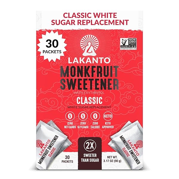 LAKANTO CLASSIC MONK FRUIT SWEETENER WITH ERYTHRITOL SWEETENER PACKETS – WHITE SUGAR REPLACEMENT, ZERO NET CARBS, CALORIES, SWEETEN ON THE GO, COFFEE, LEMONADE, TEA, DESSERTS – CLASSIC (3G – 30 COUNT)