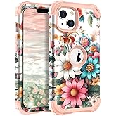 TEECOVER for iPhone 13/14 Case, Heavy-Duty Shockproof Full Protection Hard Plastic Bumper + Soft Silicone Rubber Protective Case for iPhone 13/14-6.1-Inch, White/Pink Flowers