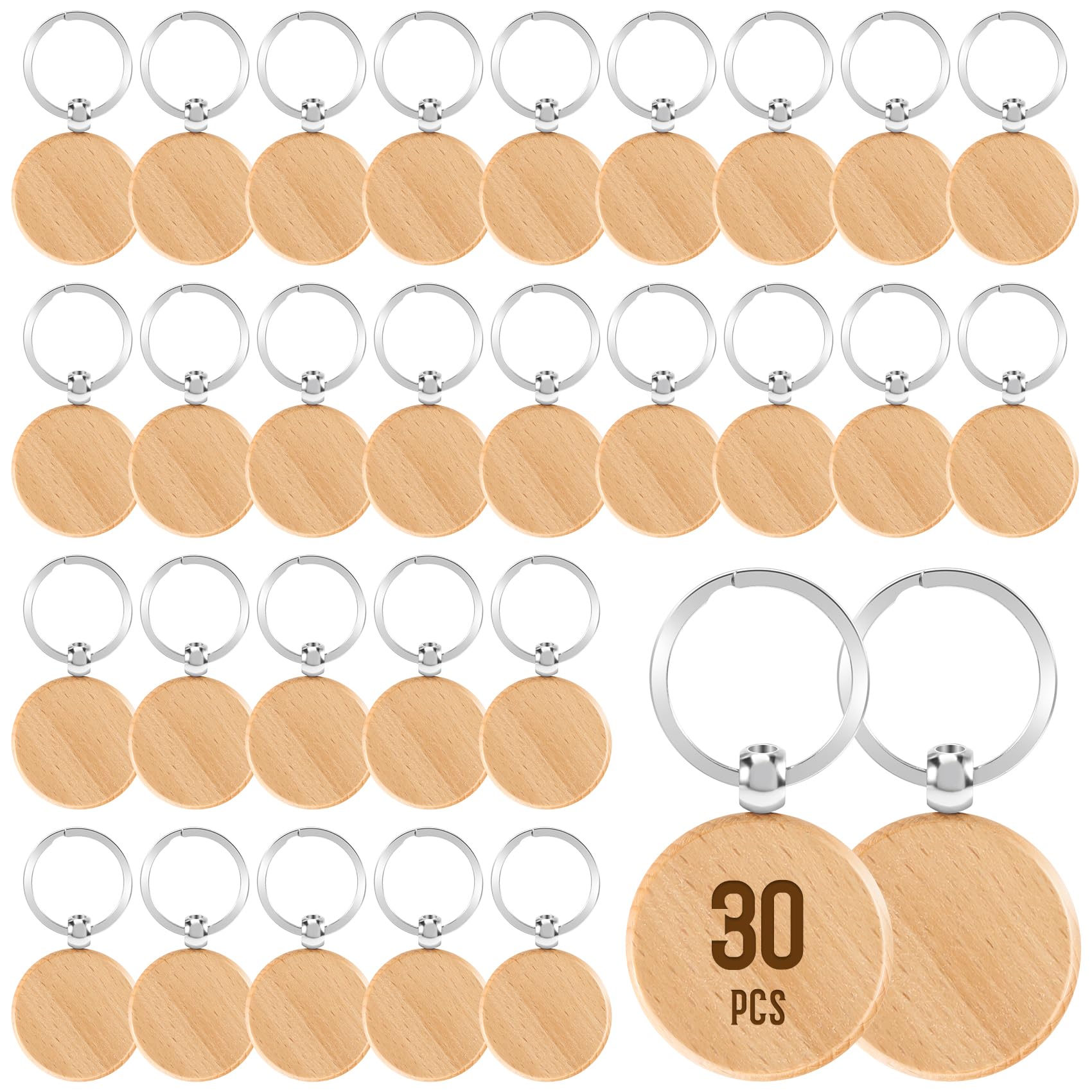 Ksrnsne 30 Pieces Wood Keyring Blanks Round Keyring Making Kit DIY Craft Pyrography Engraving Keychains Blanks Bulk