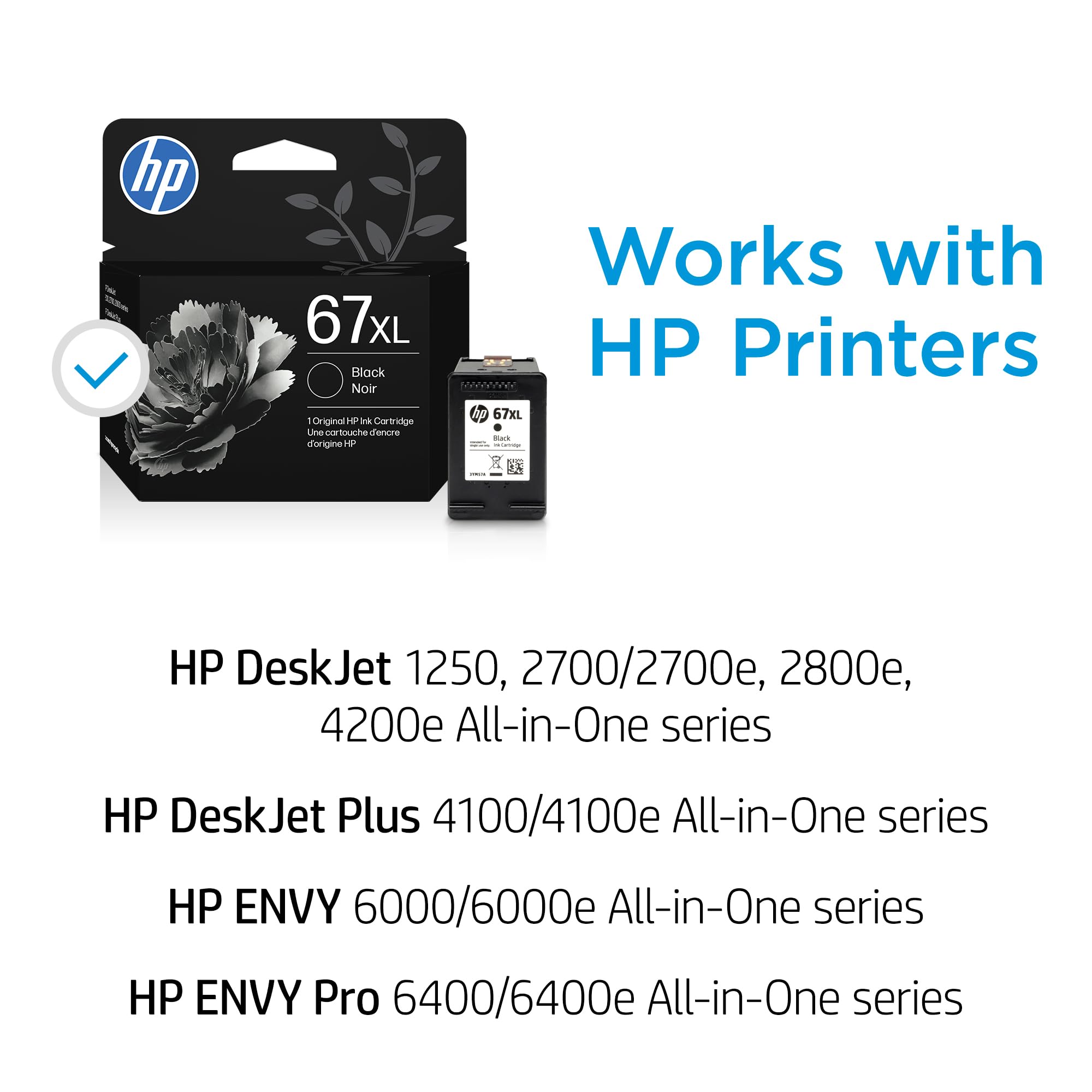 HP 67XL Black High-Yield Ink Cartridge Printers | Works with Printer Series: DeskJet 1255, 2700, 4100, Envy 6000, 6400 Series | Eligible for Instant Ink | 3YM57AN