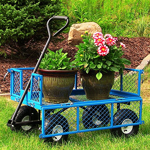 Sunnydaze Utility Steel Garden Cart, Outdoor Lawn Wagon with Removable Sides, Heavy-Duty 400 Pound Capacity, Blue - Thumbnail 2
