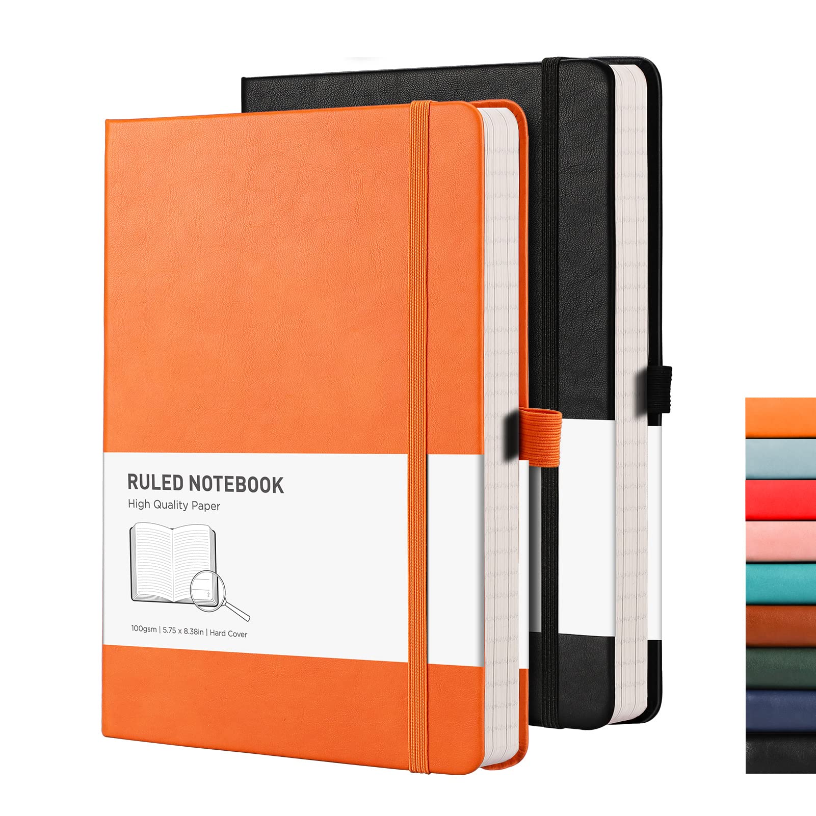 RETTACY Notebook A5 Lined Hardback 2 Pack - Thick Journal with 376 Numbered Paper, 2 Free Sticky Notes Divider,100gsm Paper,8 Perforated Sheets, Pen Loop, Inner Pocket, 14.5 x 21cm（Black Orange — image 1