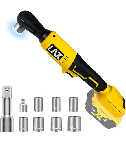3/8\" Cordless Ratchet Wrench Compatible With DEWALT 20V Battery – 45 Ft-Lbs Torque, 400 RPM, Variable Speed – 7 Sockets, 1/4\" Adapter, Extension Bar (Tool Only)