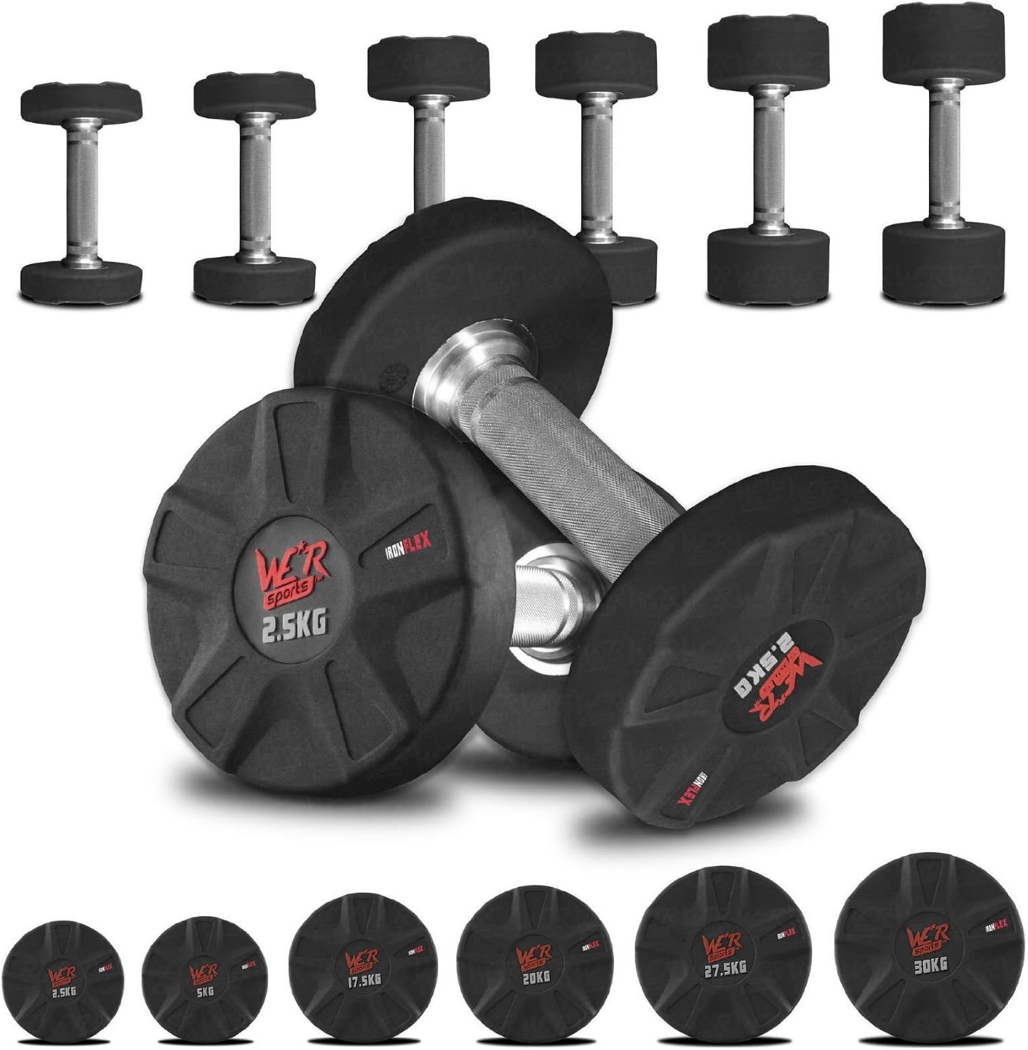 We R Sports IronFlex Rubber Encased Ergo Dumbbell Weights Gym Weight Lifting Fitness Workout 2.5kg To 50kg Sets (Pair)