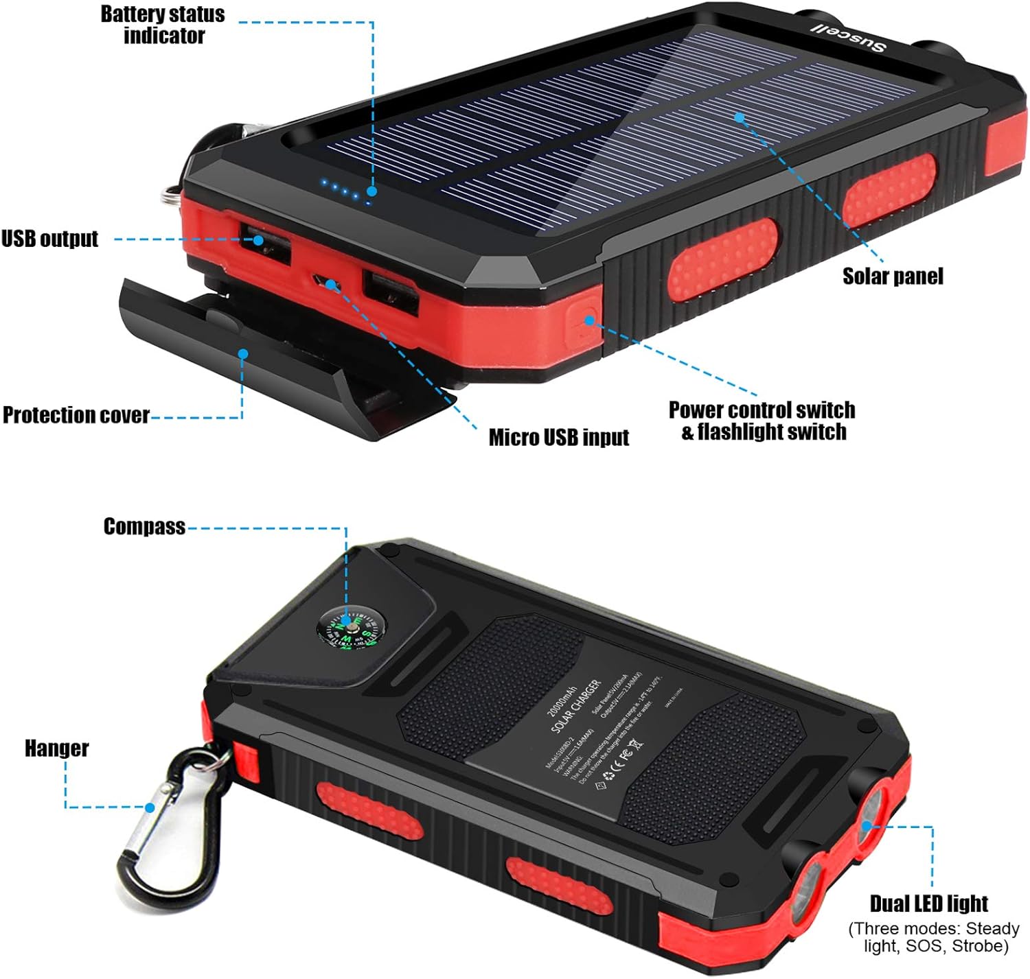 Solar Charger, SUSCELL 20000mAh Portable Solar Power Bank for Cell Phone, Dual 5V/2.1A USB Ports Output and 2 Led Flashlight, Perfect for Outdoor Trip/Emergency