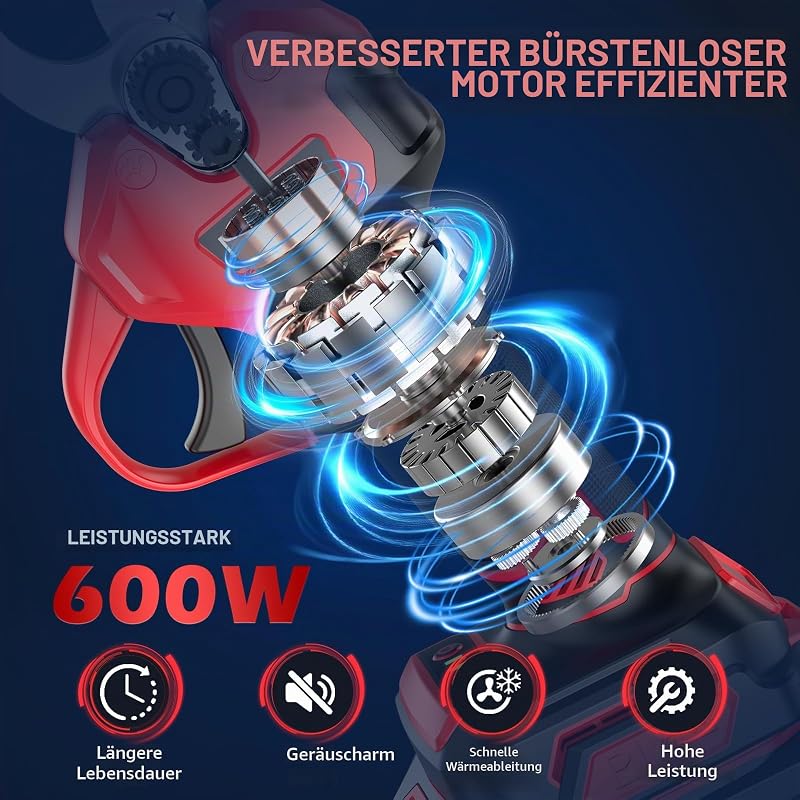 Akku Astschere, MHPRO 30MM Elektrische Gartenschere mit 2 Akkus 2000mAh, 600W Bürstenloser Motor Bypass Baumschere, Garten Schere mit LCD-Elektrische Baumschere-für Garten Äste Obstgärten, Rot