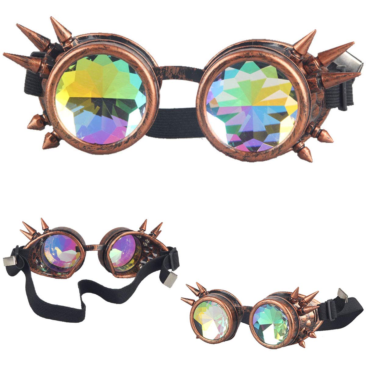 DODOING Kaleidoscope Goggles Steampunk Rave Glasses Goggles Crystal Rainbow Kaleidoscope Rave Glasses Rainbow Crystal Glass Lens