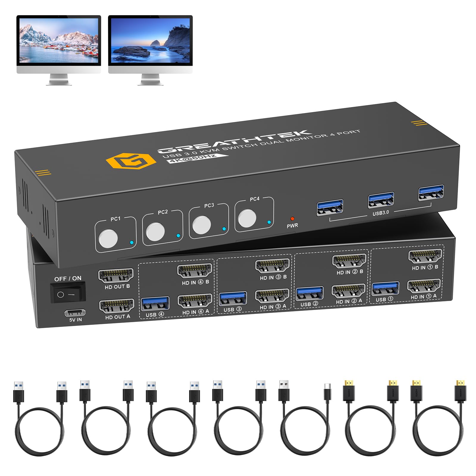 Photo 1 of HDMI KVM Switch 4 Computers 2 Monitors with 3 USB3.0 Ports, 4K@60Hz Dual Monitor KVM Switch 4 Port for 4 PCs Share 2 Monitors, Support Button Switch, Adaptive EDID, 4 in 2 Out