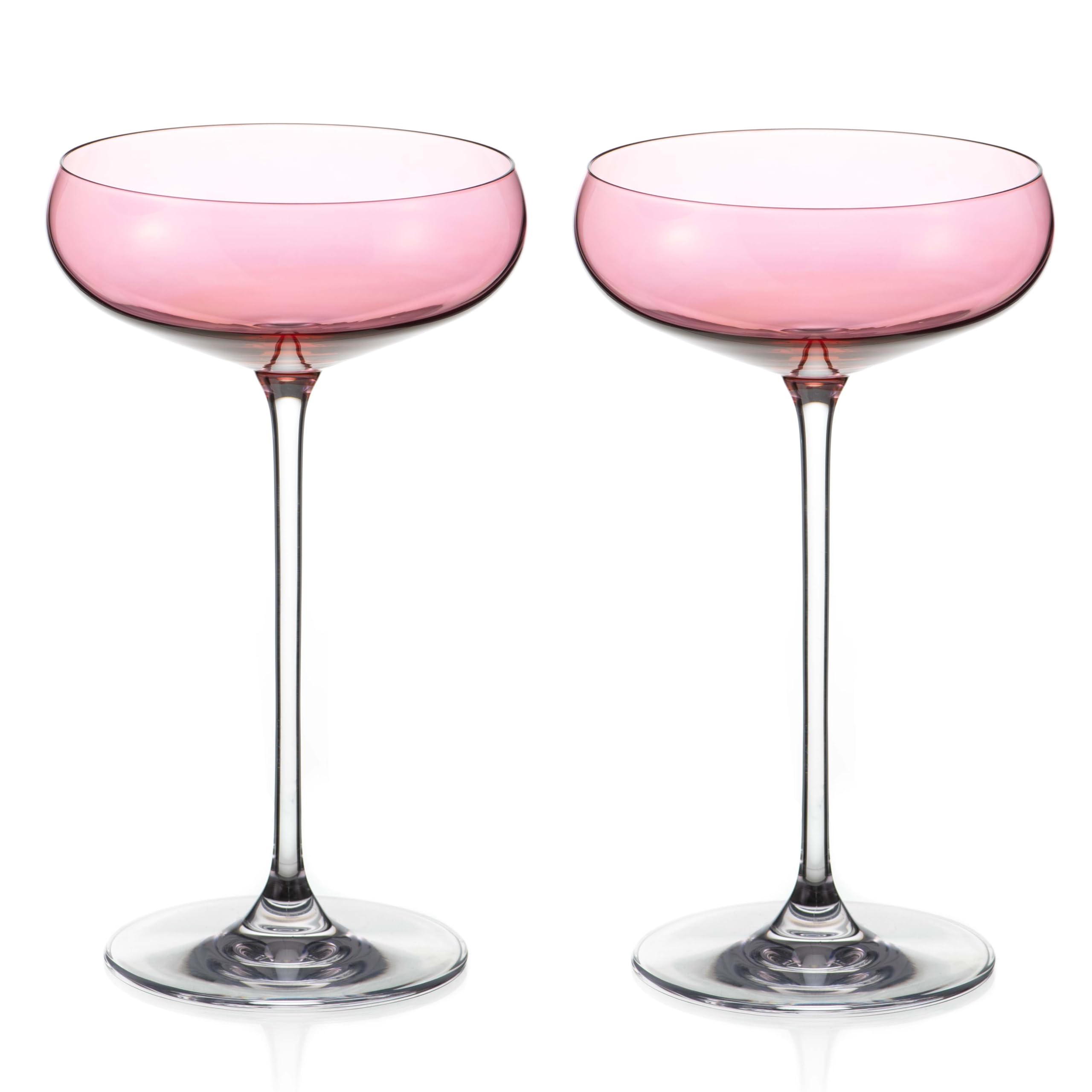 DIAMANTE Pink Champagne Cocktail Saucers Pair - Pink Coloured Crystal Champagne Coupes - Set of 2