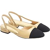LEHOOR Chunky Heel Slingback Pumps Cap Toe Two Toned for Women, Mid Block Heel Almond Pointy Toe Sandals Quarter Strap Hollowed Backless D’Orsay Slip On Sandals Office Party Prom 5-13 M US