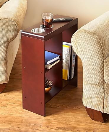 Amazon Com Slim End Table Walnut With Cup Holders Storage Magazine Sofa Furniture Decor