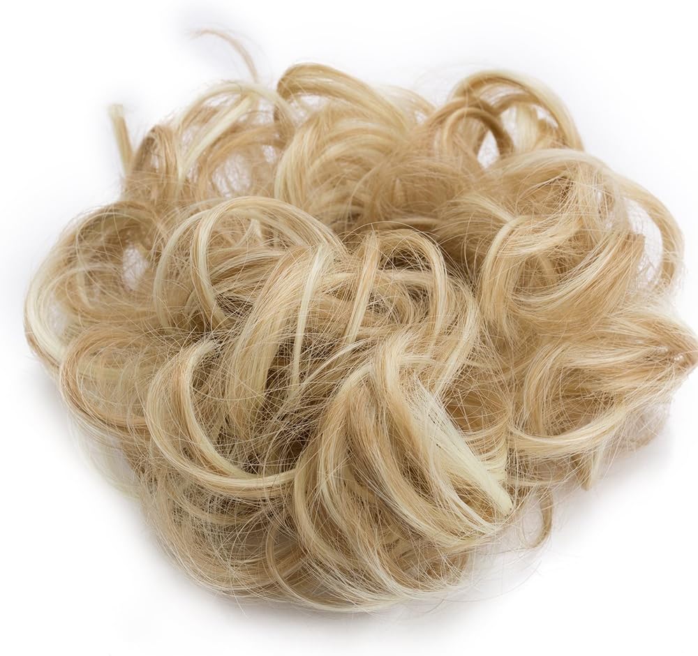 Scrunchie Hairpiece Wavy Hair Bun Updo Curly Hair Bun Ribbon Ponytail Extension Donut Hair Chignons 30g, Dark Blonde to Bleach Blonde - Image 4