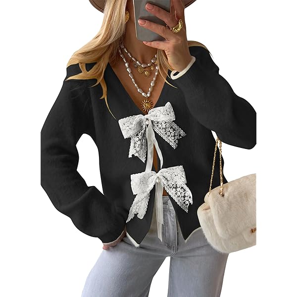 Amazon.com: Women Cute Bow Cardigan Sweater Long Sleeve Tie