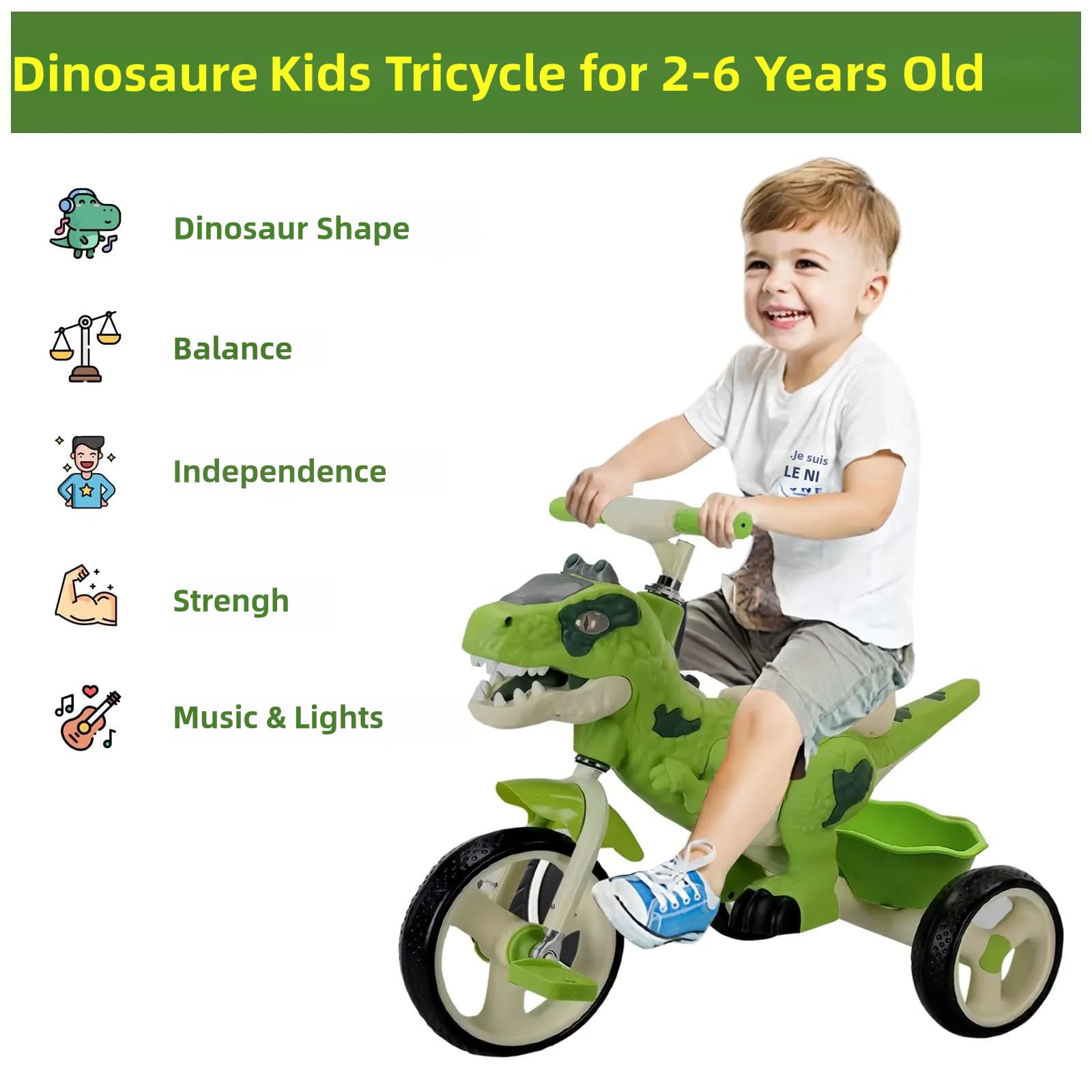 Dinosaur Kids Tricycle for Rider- Toddlers Kid Trike Bike Big Wheel with Music, Storage Basket,Indoor/Outdoor Preschool Daycare Kids Bike,Best Gift for 3-7 Year Old Girls & Boys (Green)