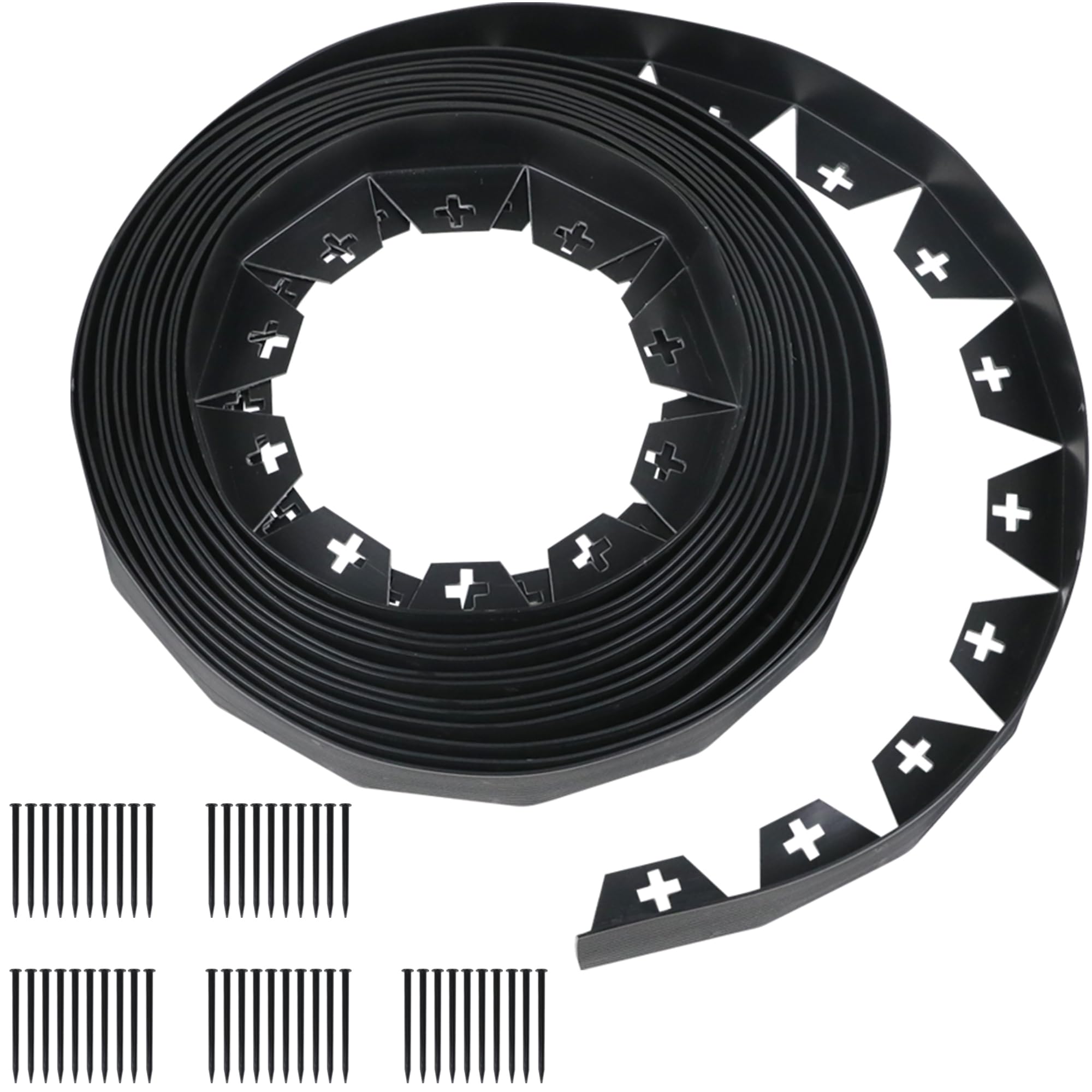 JonesHouseDeco Flexible Lawn Edging 10m Garden edging 4cm high Black PVC Flexible edging Border Outdoor with 50 fixing pins plastic (Cross Hole, 1 pcs)-K630A01
