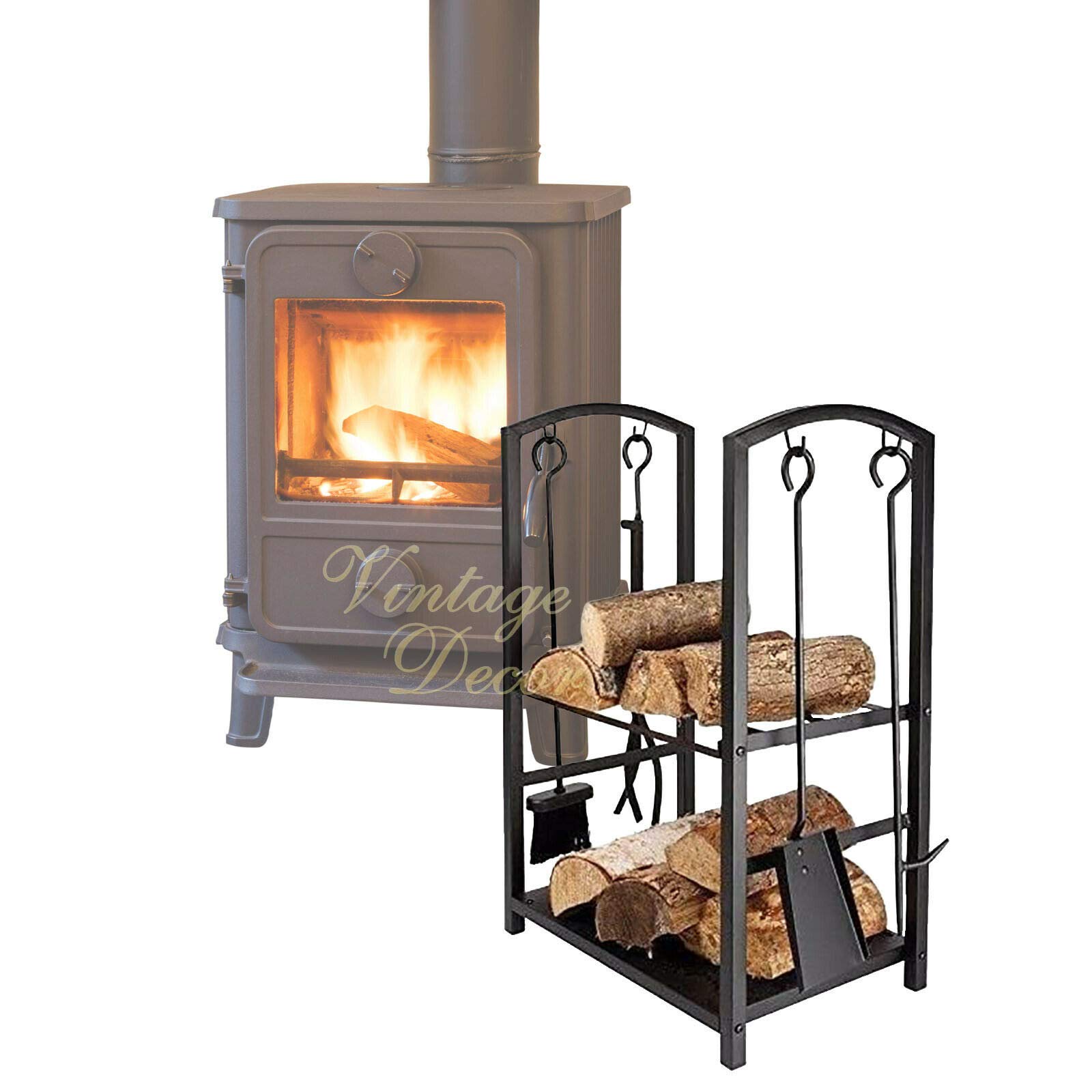 DWD Vintage Decor 2 tier Black Metal Outdoor Indoor Log Rack with Fireplace Accessories (4 tools) I Log Holder with Canvas Carrier bag (2 tier Log holder with 4 tools)