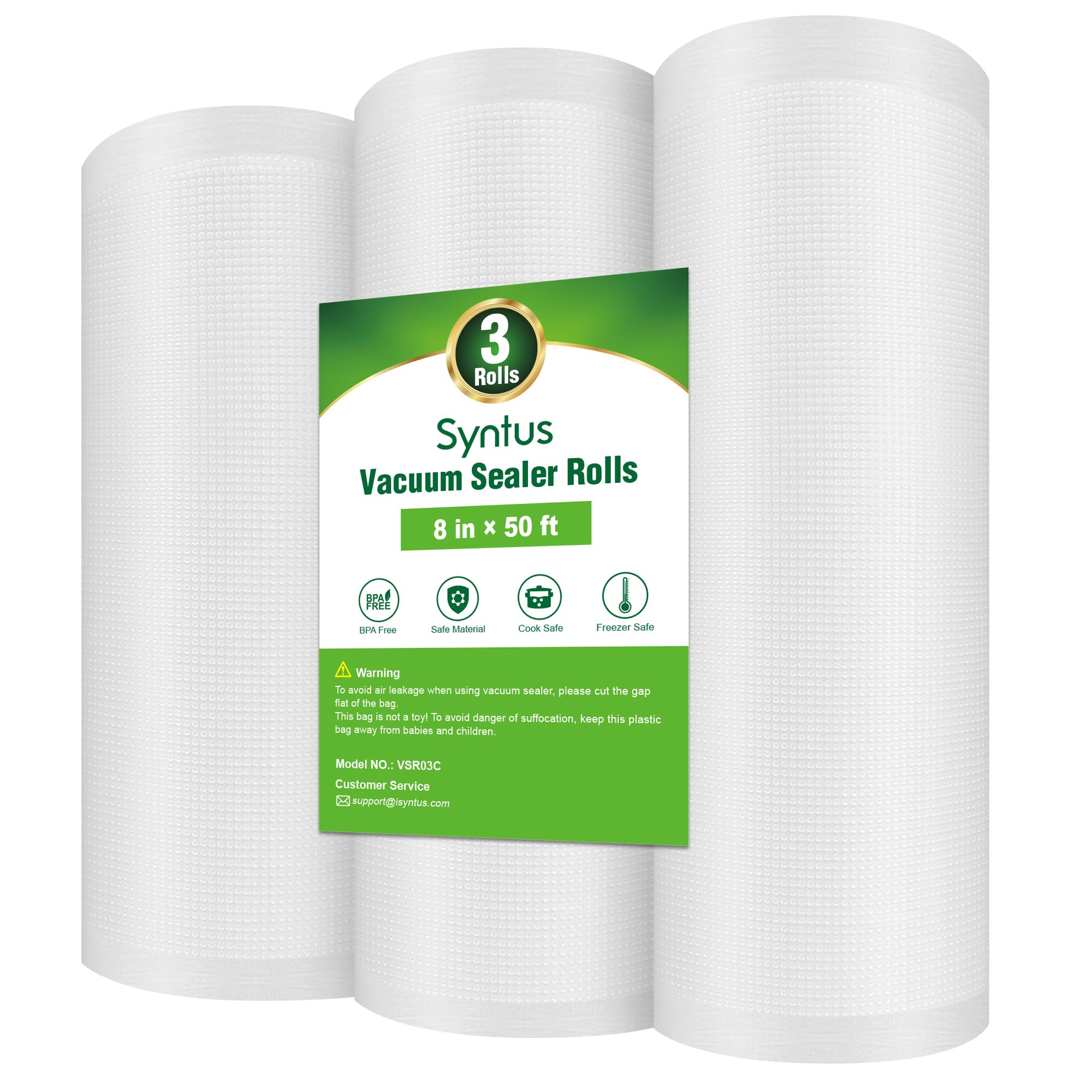 Photo 1 of Syntus Vacuum Sealer Bags for Food, 3 Rolls 8" x 50' Commercial Grade Bag Rolls, BPA Free Food Vac Bags for Storage, Meal Prep or Sous Vide