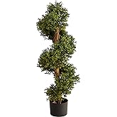 Nearly Natural 33 in Artificial Boxwood Spiral Topiary Tree with Planter | Maintenance-Free Faux Greenery, Realistic Wood-Like Trunk, Black Planter, Indoor/Outdoor Decor