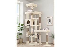 Globlazer Extra Large Platform Cat Tree, 65in Tall Sturdy Cat Tree for Indoor Cats Large Adult, Big Cat Tower for Big Cats with 3 Enlarged Perches, 6 Scratching Posts, Cat Condo, Hammock, S65, Beige