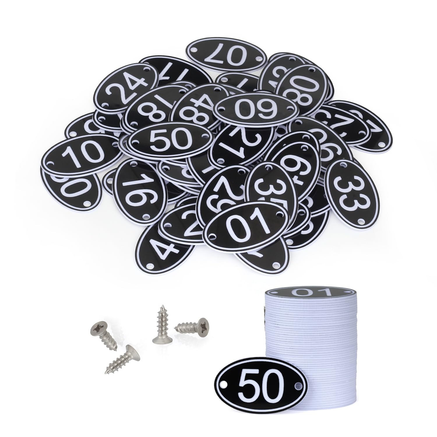 NanTun 50 Sets ABS Engraved Black Oval Table Numbers Locker Tags with Screws - 1 to 50 — image 1