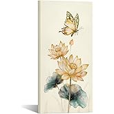 KREATIVE ARTS Traditional Chinese Painting Watercolor Butterfly with Lotus Flowers Canvas Zen Water Lily Art Prints Vertical Decor, 20x40 Inch Original Stretched Canvas, Ready to Hang
