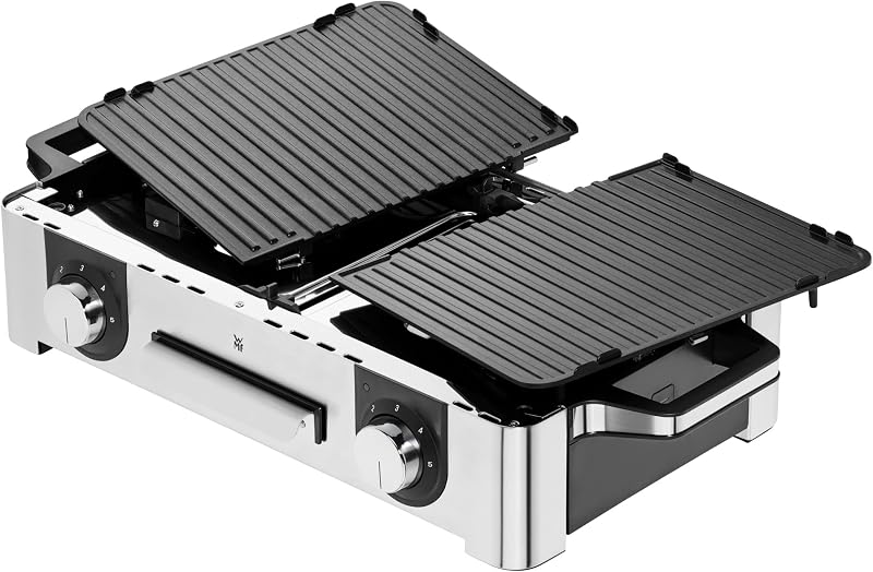 Wmf lono mastergrill, churrasqueira elétrica, 2400 w, superfície antiaderente, regulador de temperatura, 2 placas removíveis, acabamentos em aço inoxidável cromargan, cor prata/preta
