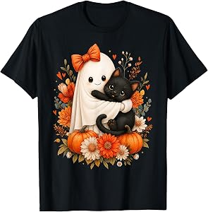 Halloween Cute Ghost Cat Pumpkin Floral Bow Girl Women T-Shirt