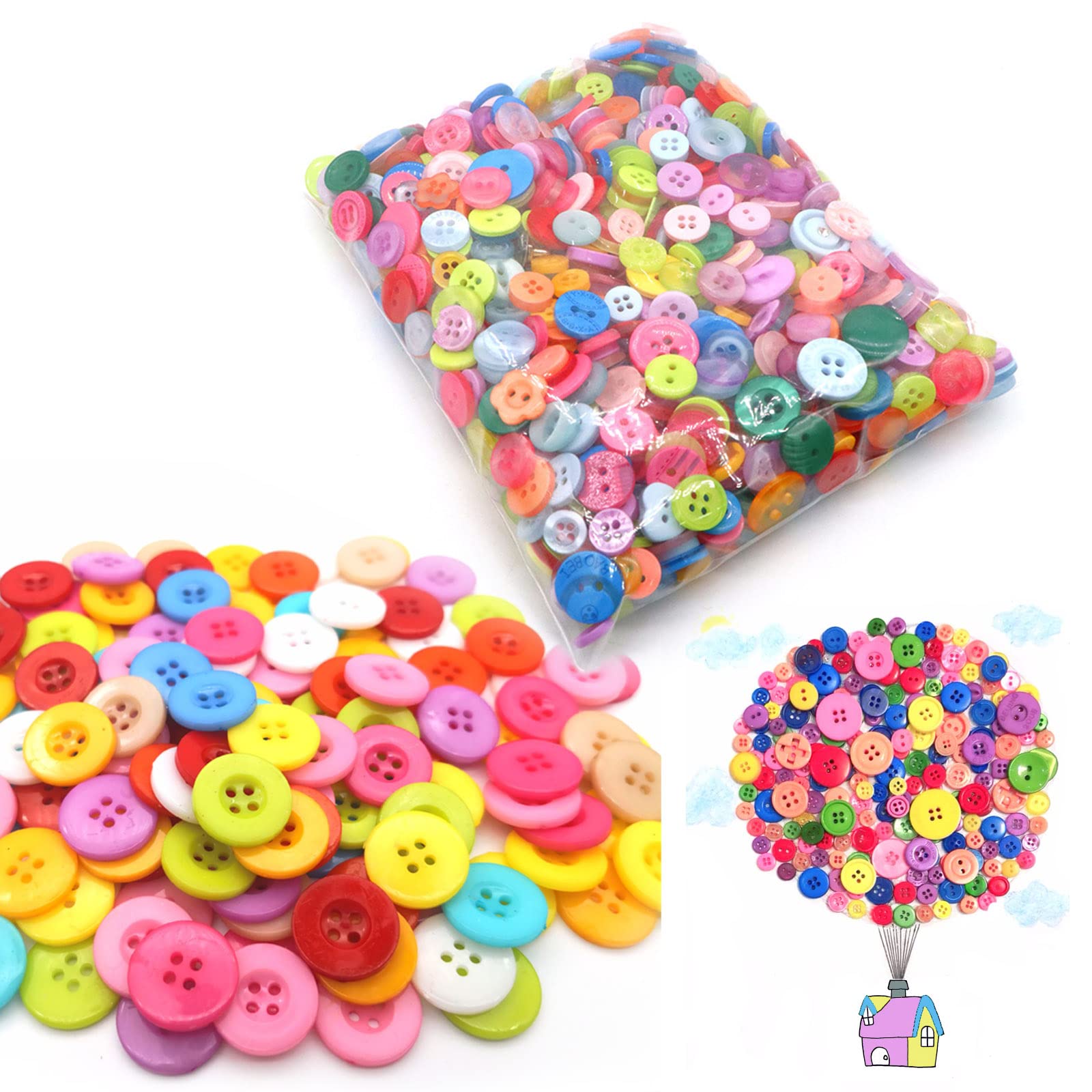Bekecidi 1000 PCS Colorful Mixed Round Resin Buttons Assorted Craft Buttons Mixed Colours and Sizes for Sewing, Crafting, Baby Cardigans, Knitting, DIY Handmade (9mm-13mm)