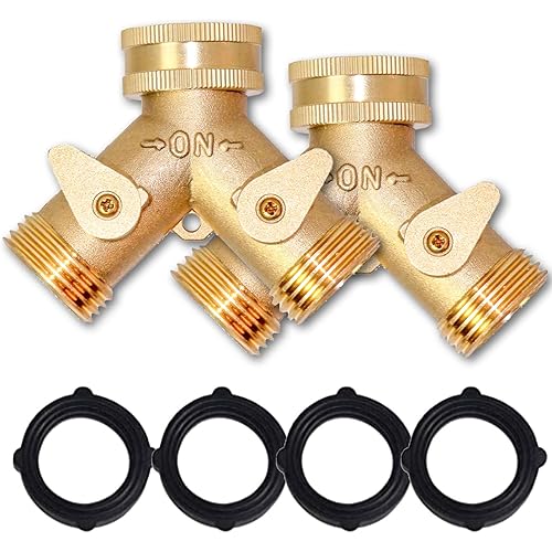 Hourleey Brass Garden Hose Splitter (2 Way), Solid Brass Hose Y Splitter 2 Valves with 2 Extra Rubber Washers (2 Pack)