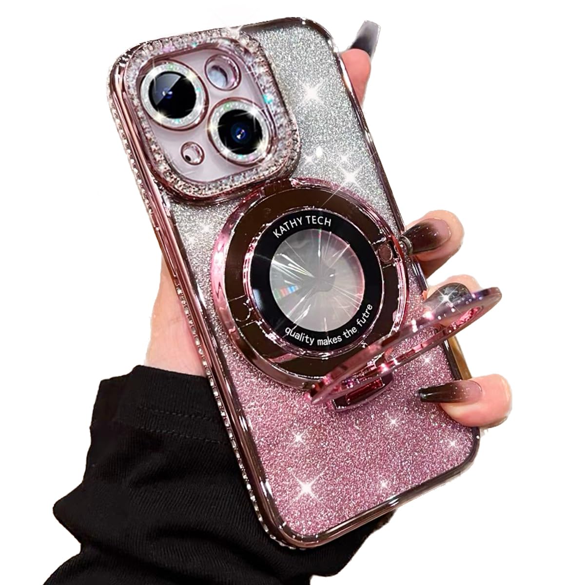 AuroiCCY for iPhone 15 Plus Case, Compatible with Magsafe Shockproof Bling Diamonds Kickstand Ring Holder Camera Lens Protector Girls Woman Glitter Cute Phone Cover for iPhone 15 Plus (Pink)