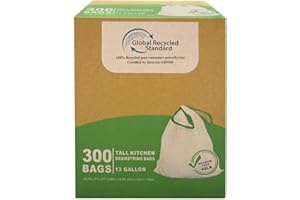 TYPLASTICS 13 Gallon Tall Kitchen Drawstring Trash Bags, GRS Compliant, Eco-Friendly Recycled Material, 300 Count